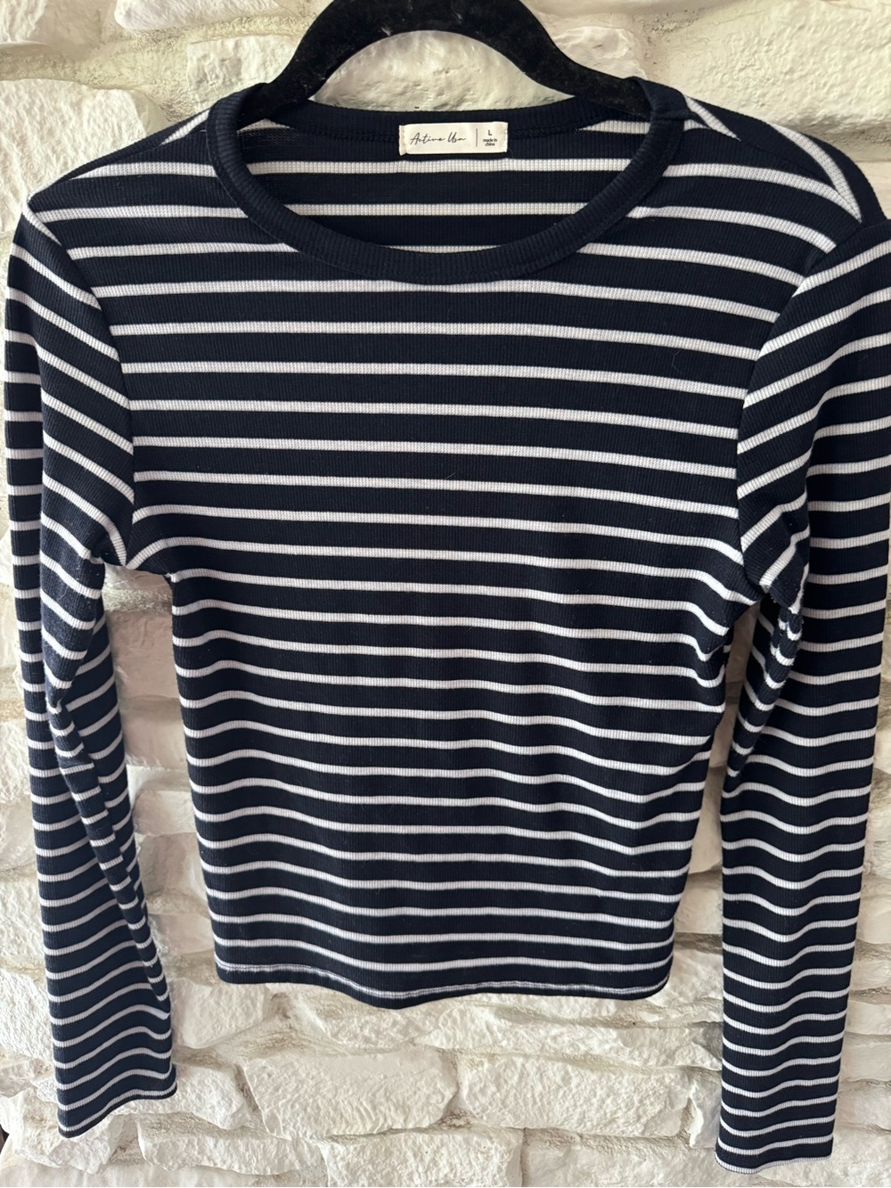Active USA Navy & White Striped Long-Sleeve Ribbed Crewneck Top - L